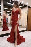 Dazzling Mermaid Halter Sequins Long Prom Dress with Slit BM bride