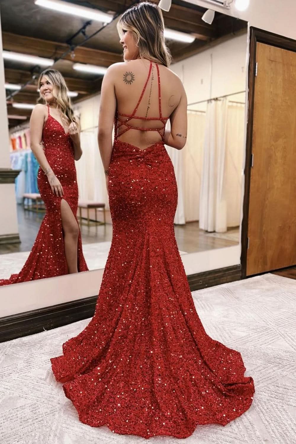Dazzling Mermaid Halter Sequins Long Prom Dress with Slit BM bride