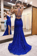 Dazzling Mermaid Halter Sequins Long Prom Dress with Slit BM bride