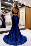 Elegant Mermaid Deep V Neck Satin Long Prom Dress with Appliques BM bride