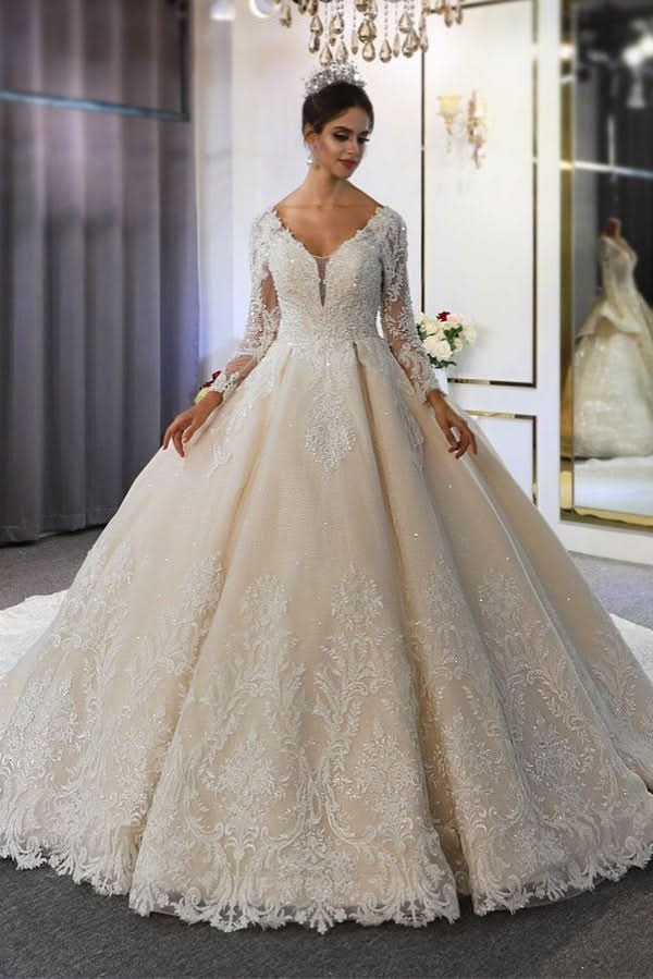 Classy Train A-Line Sweetheart Backless Long Sleeve Wedding Dress with Lace Appliques and Sequins BM bride