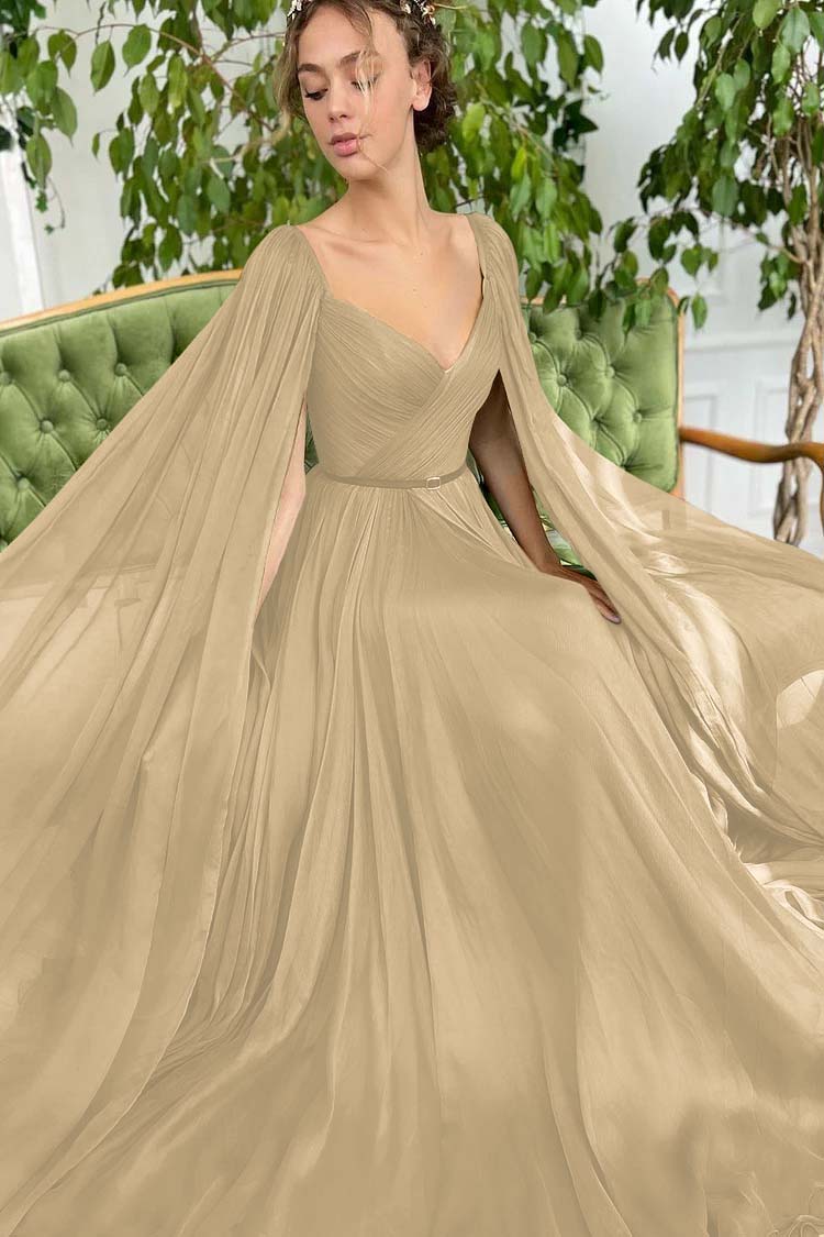 Elegant Green Long Sleeves Formal Belt Prom Dress Tulle With Split BMBRIDE