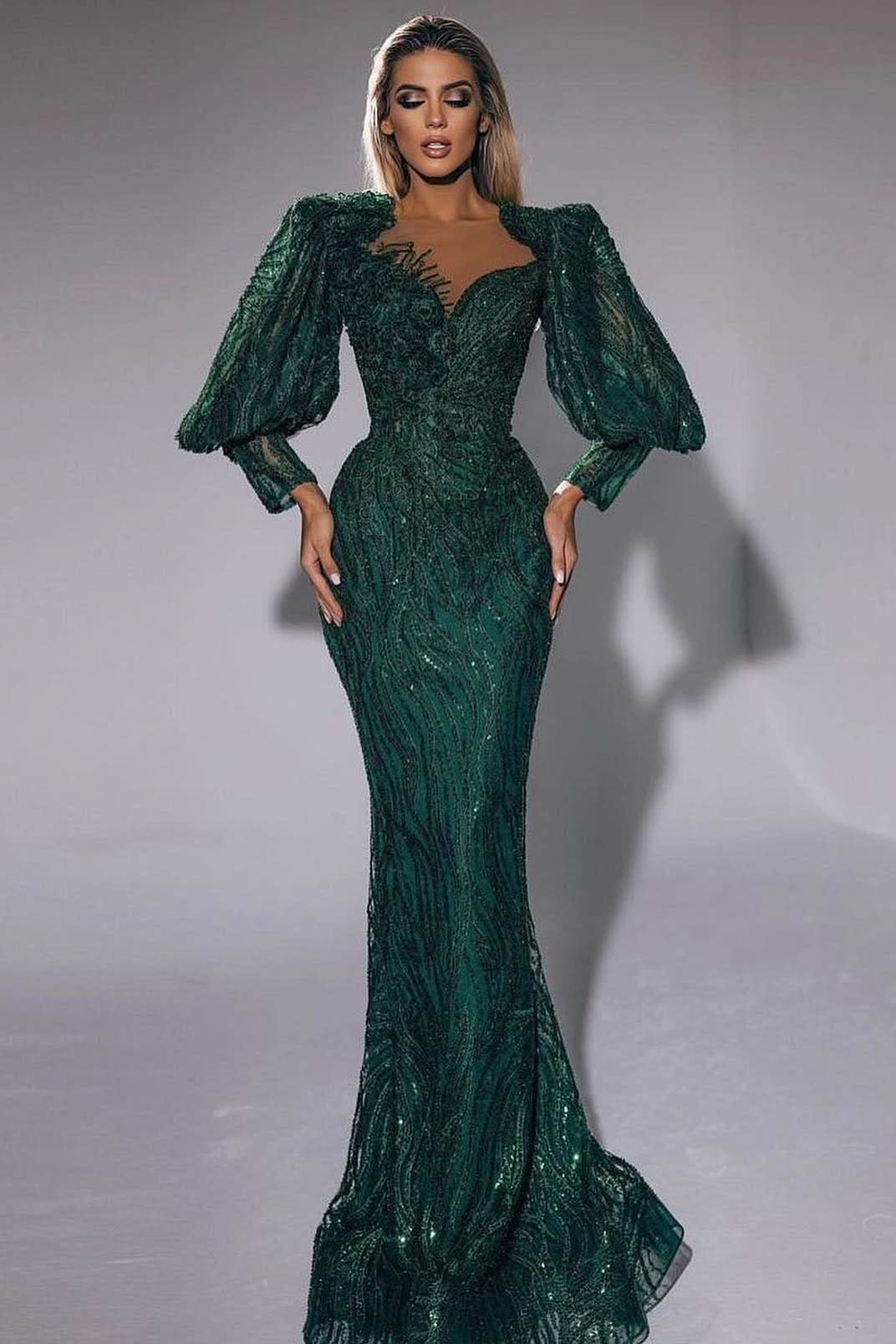 Dark Green Sweetheart Mermaid Evening Dress Long Sleeves with Sequins BM bride