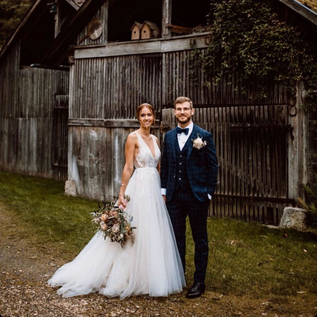 Deep V-Neck Floor-Length Floral A-Line Wedding Dress with Open Back and Tulle BM bride