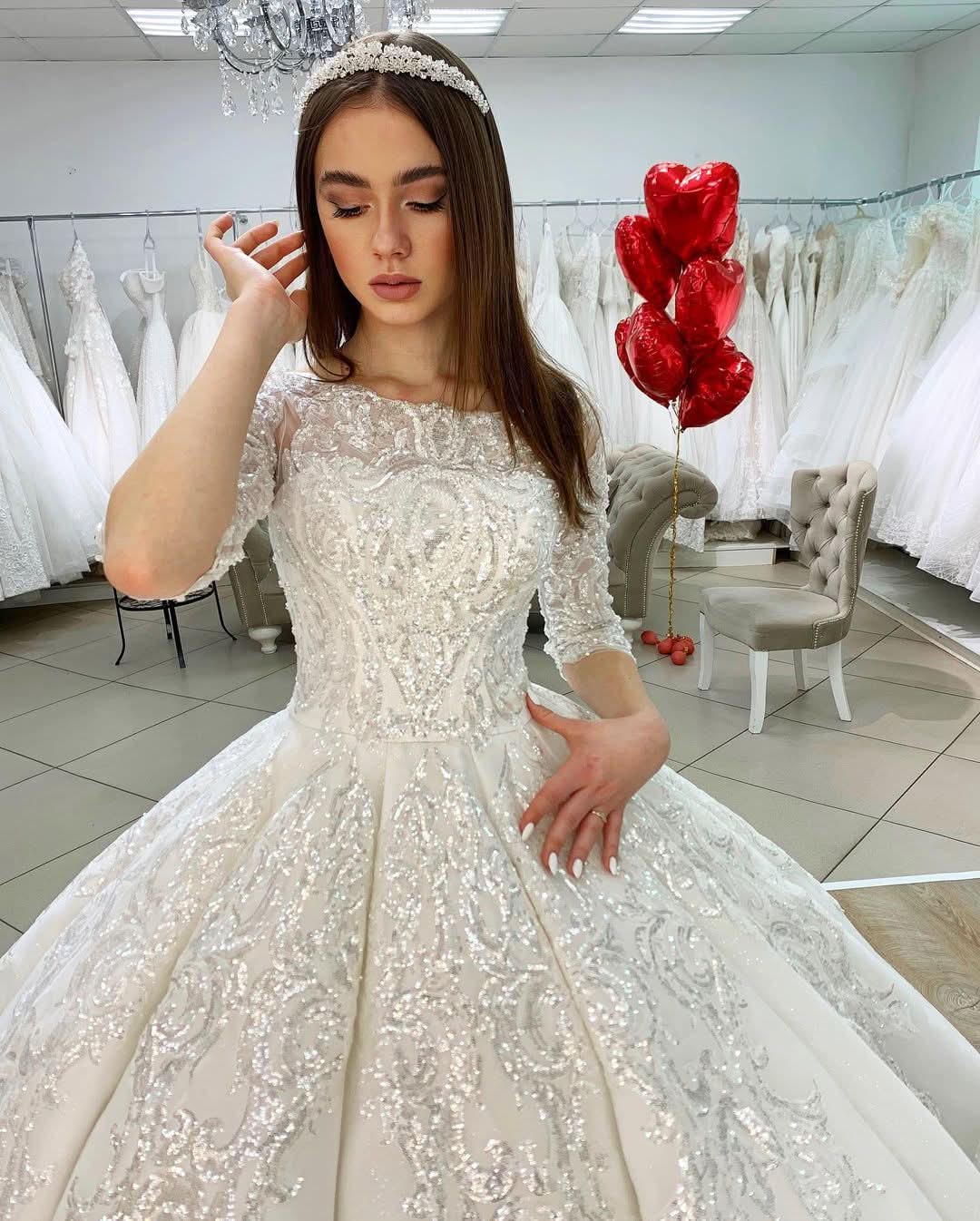 Gorgeous Bateau Satin Floor-length Princess Wedding Dress Long Sleeves With Appliques Lace BM bride