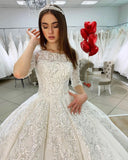 Gorgeous Bateau Satin Floor-length Princess Wedding Dress Long Sleeves With Appliques Lace BM bride