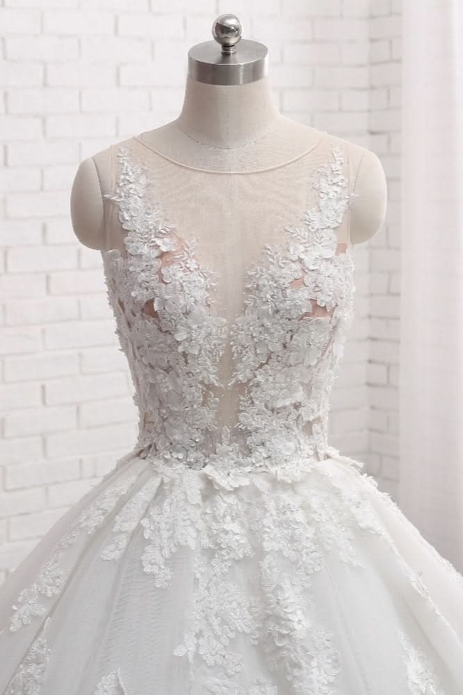 Sleeveless Tulle Train Long Wedding Dress With Appliques Lace BM bride
