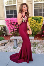 Burgundy V-Neck Sleeveless Prom Dress BM bride