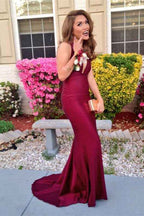 Burgundy Modern Deep V Neck Sleeveless Backless Mermaid Long Prom Dress