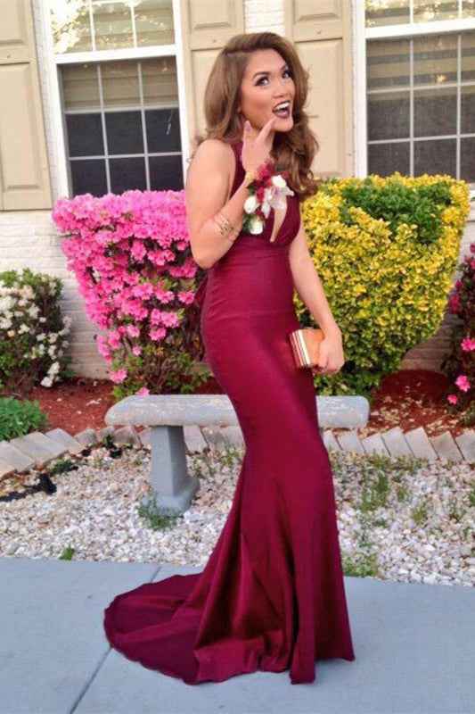 Burgundy Modern Deep V Neck Sleeveless Backless Mermaid Long Prom Dress