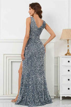 Sliver V Neck Mermaid Sleeveless Prom Dress With Split Sequins
