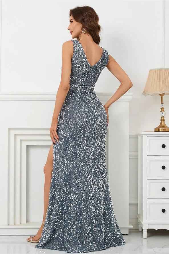 Sliver V Neck Mermaid Sleeveless Prom Dress With Split Sequins
