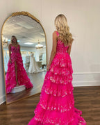 Elegant A-Line Lace Off-the-Shoulder Tiered Long Prom Dress with Slit BM bride