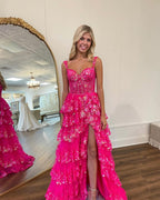 Elegant A-Line Lace Off-the-Shoulder Tiered Long Prom Dress with Slit BM bride