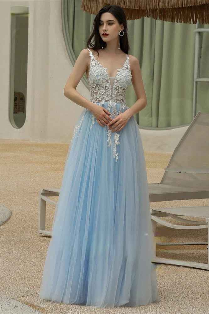 Sky Blue Spaghetti Strap V Neck Sweetheart Long Prom Dress With Appliques