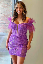 Sparkly Red Lace Tight Short Homecoming Dress with Detachable Feathers Bmbride