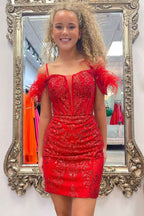 Sparkly Rose Gold Corset Sequins Tight Short Homecoming Dress With Feather