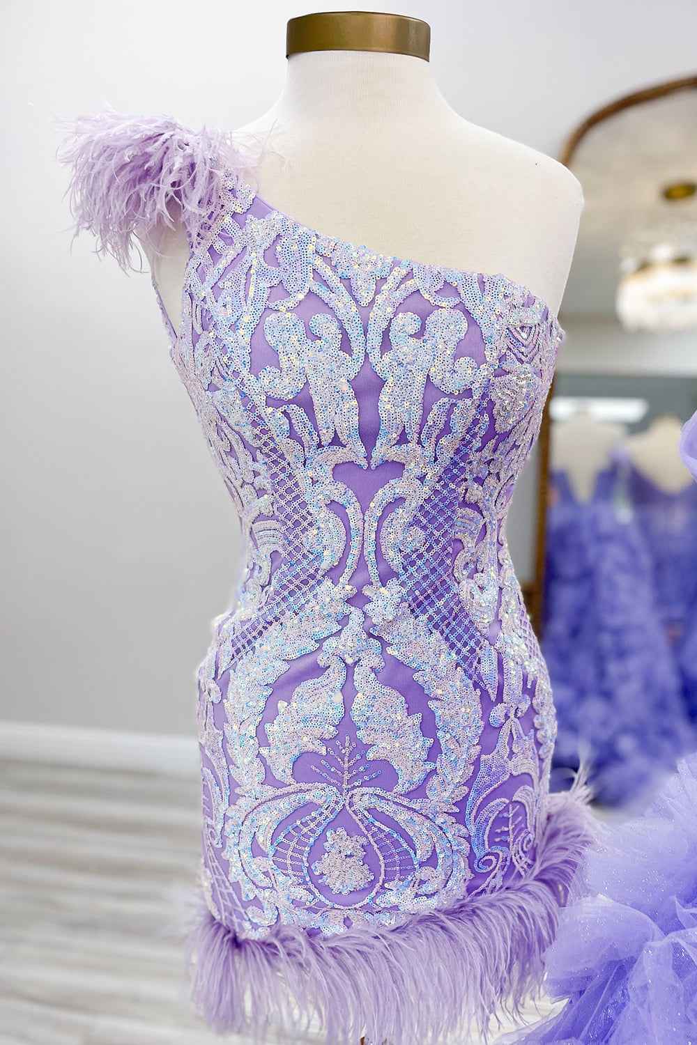 Sparkly Hot Pink Sequins Tight Short Homecoming Dress With Feather Bmbride