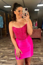 Sparkly Sweetheart Fuchsia Corset Short Tight Homecoming Dress With Sequins Bmbride