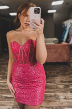 Sparkly Fuchsia Bodycon Sweetheart Sequins Corset Tight Short Homecoming Dress Bmbride