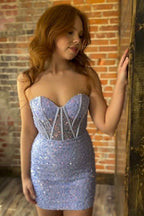 Sparkly Fuchsia Bodycon Sweetheart Sequins Corset Tight Short Homecoming Dress Bmbride