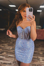 Sparkly Fuchsia Bodycon Sweetheart Sequins Corset Tight Short Homecoming Dress Bmbride