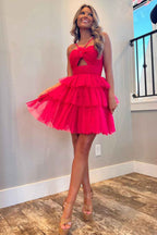 Fuchsia Keyhole Halter Tulle A Line Short Homecoming Dress with Ruffles Bmbride