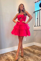 Fuchsia Keyhole Halter Tulle A Line Short Homecoming Dress with Ruffles Bmbride