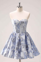 Blue Corset Sweetheart Floral A Line Short Homecoming Dress