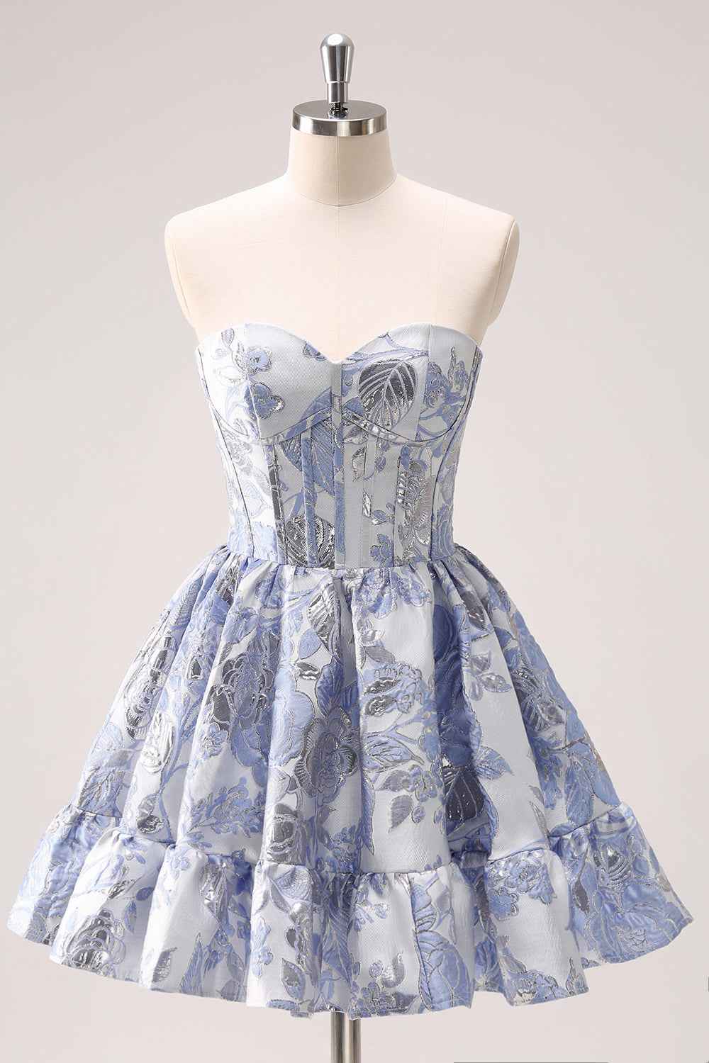 Blue Strapless Floral A-Line Printed Corset Short Homecoming Dress with Ruffles