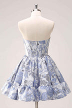 Blue Corset Sweetheart Floral A Line Short Homecoming Dress