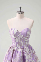 Blue Strapless Floral A-Line Printed Corset Short Homecoming Dress with Ruffles
