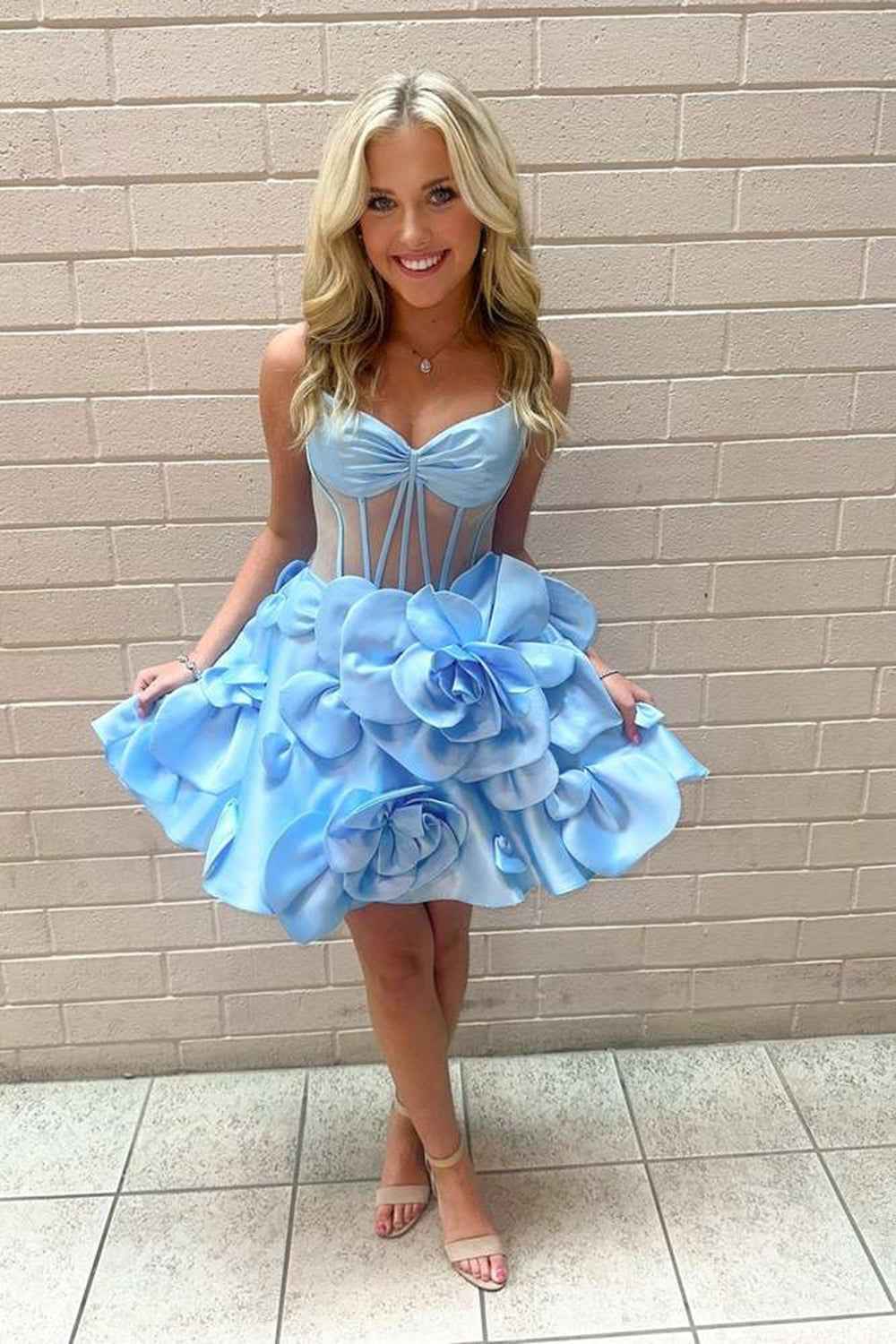 A Line Yellow Corset Short Homecoming Dress With 3D Flowers