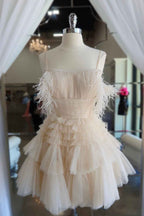 Blue Ruffled Short Homecoming Dress With Feathers Bmbride