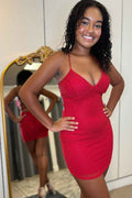 Sparkly Beaded Red Tight Short Homecoming Dress