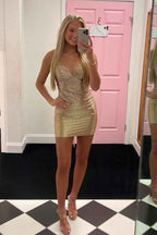 Sparkly Golden Beaded Tight Short Homecoming Dress Bmbride
