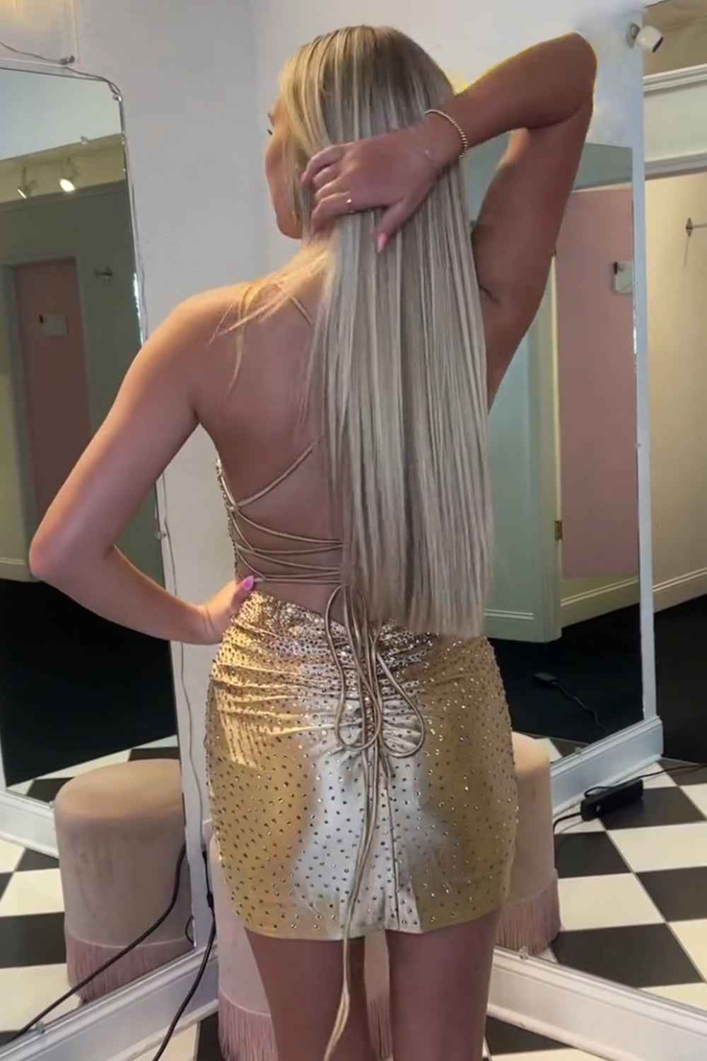 Sparkly Golden Beaded Tight Short Homecoming Dress Bmbride