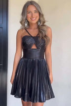Sparkly Fuchsia A-Line Halter Pleated Short Homecoming Dress