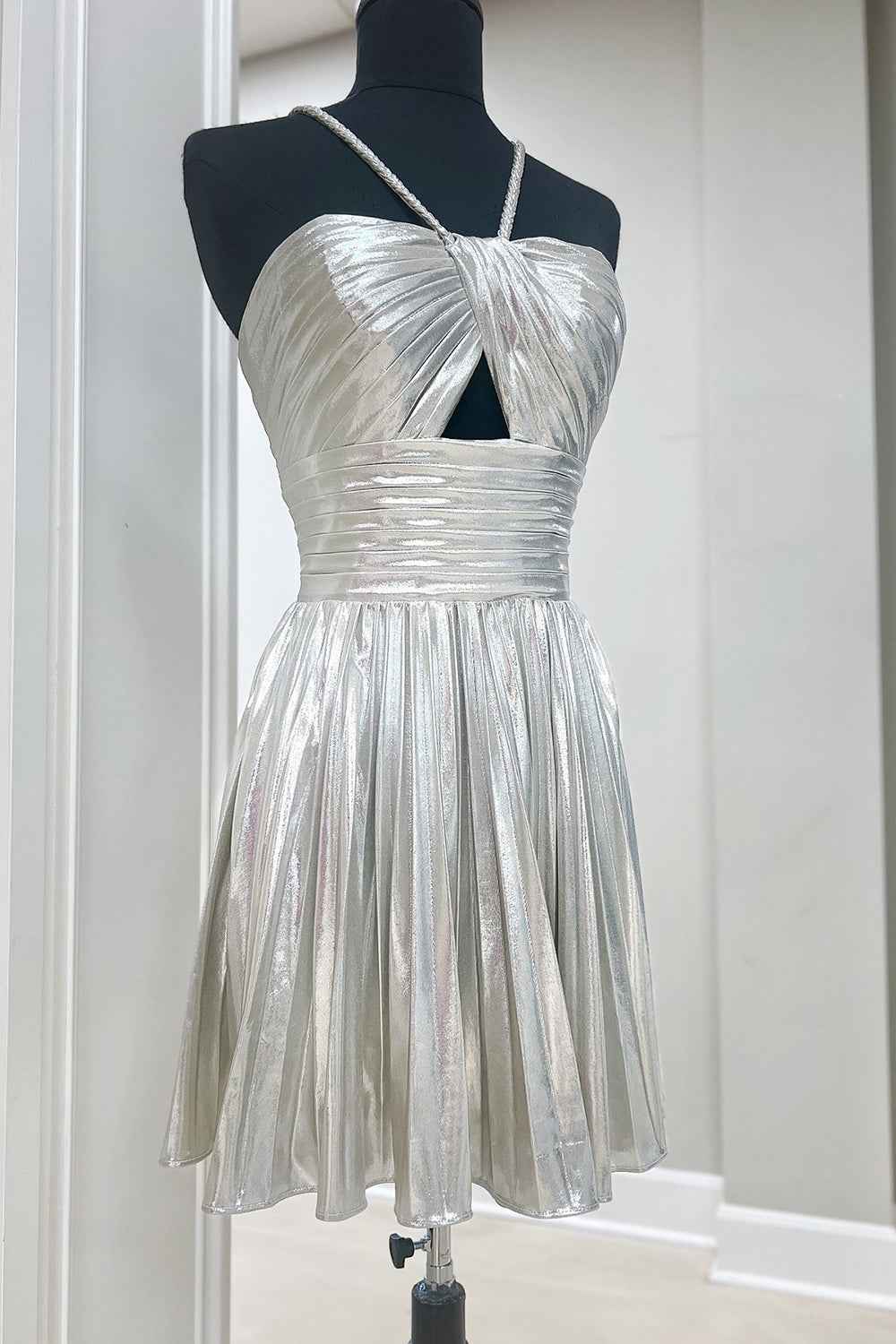 Sparkly Fuchsia A-Line Halter Pleated Short Homecoming Dress
