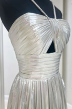 Sparkly Fuchsia A-Line Halter Pleated Short Homecoming Dress