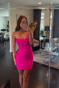 Sparkly Fuchsia Corset Sequins Tight Short Homecoming Dress Bmbride