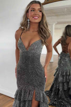 Sparkly Mermaid Black Spaghetti Straps Tiered Beaded Prom Dress with Slit