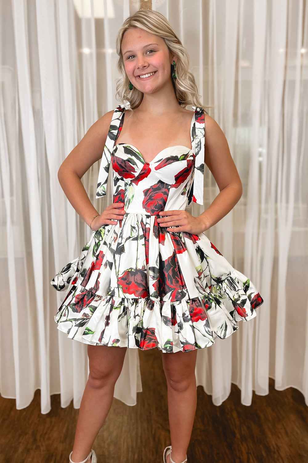 White Red Flower A Line Short Homecoming Dress With Ruffles Bmbride