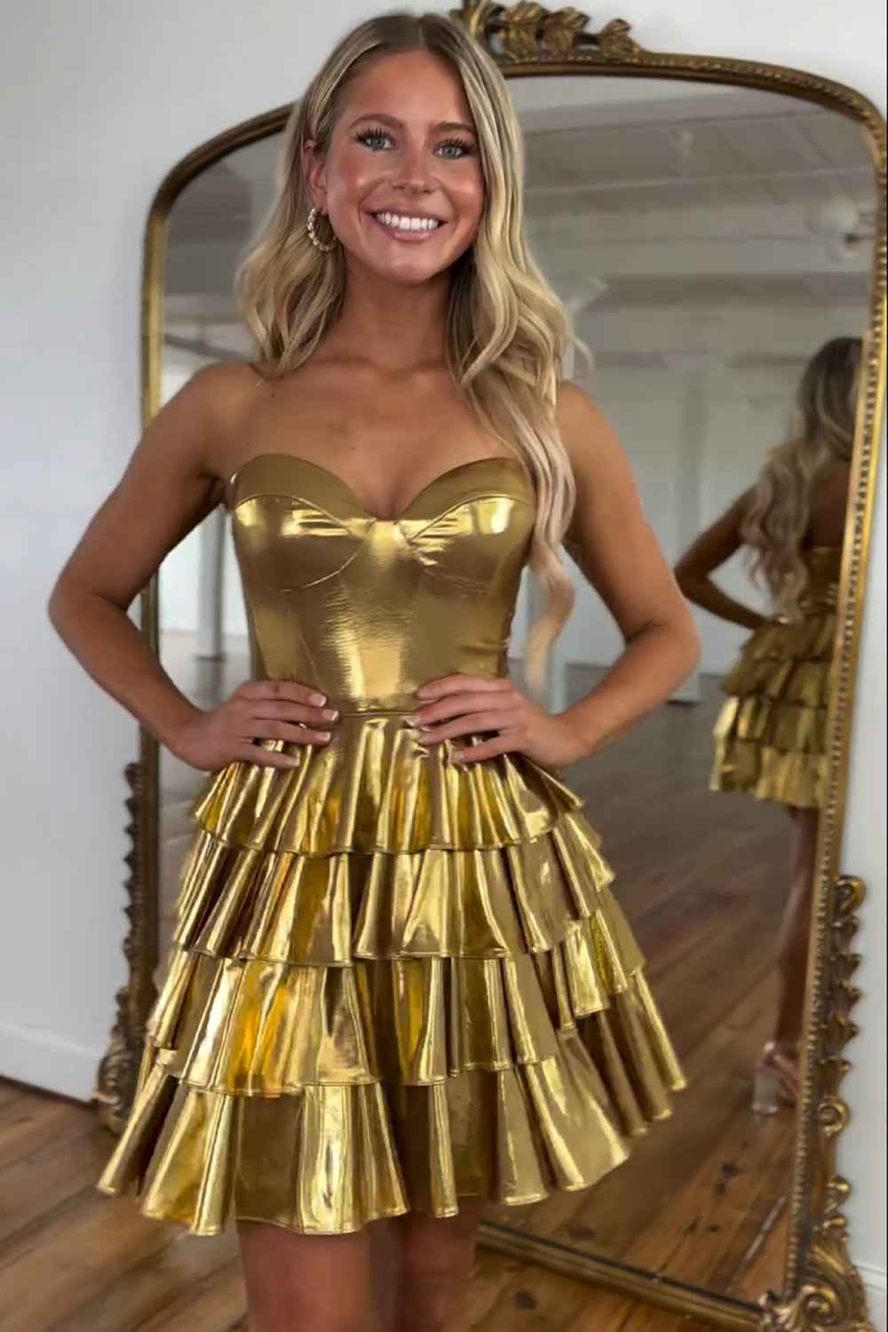 Golden A Line Corset Short Homecoming Dress With Ruffles Bmbride