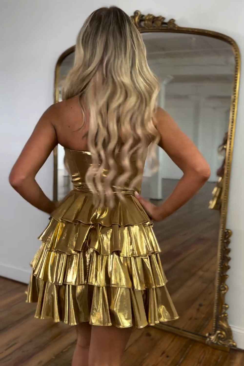 Golden A Line Corset Short Homecoming Dress With Ruffles Bmbride