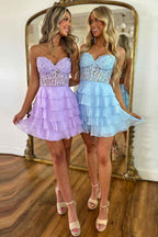 Sparkly Lilac Corset Beaded A Line Short Homecoming Dress with Ruffles Bmbride