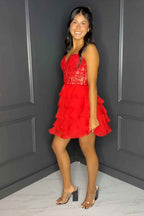 Sparkly A Line Pink Strapless Corset Short Homecoming Dress with Ruffles