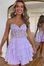 Sparkly Lilac Corset Beaded A Line Short Homecoming Dress with Ruffles Bmbride