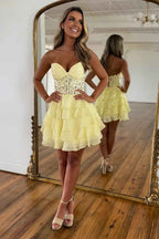 Sparkly Lilac Corset Beaded A Line Short Homecoming Dress with Ruffles Bmbride