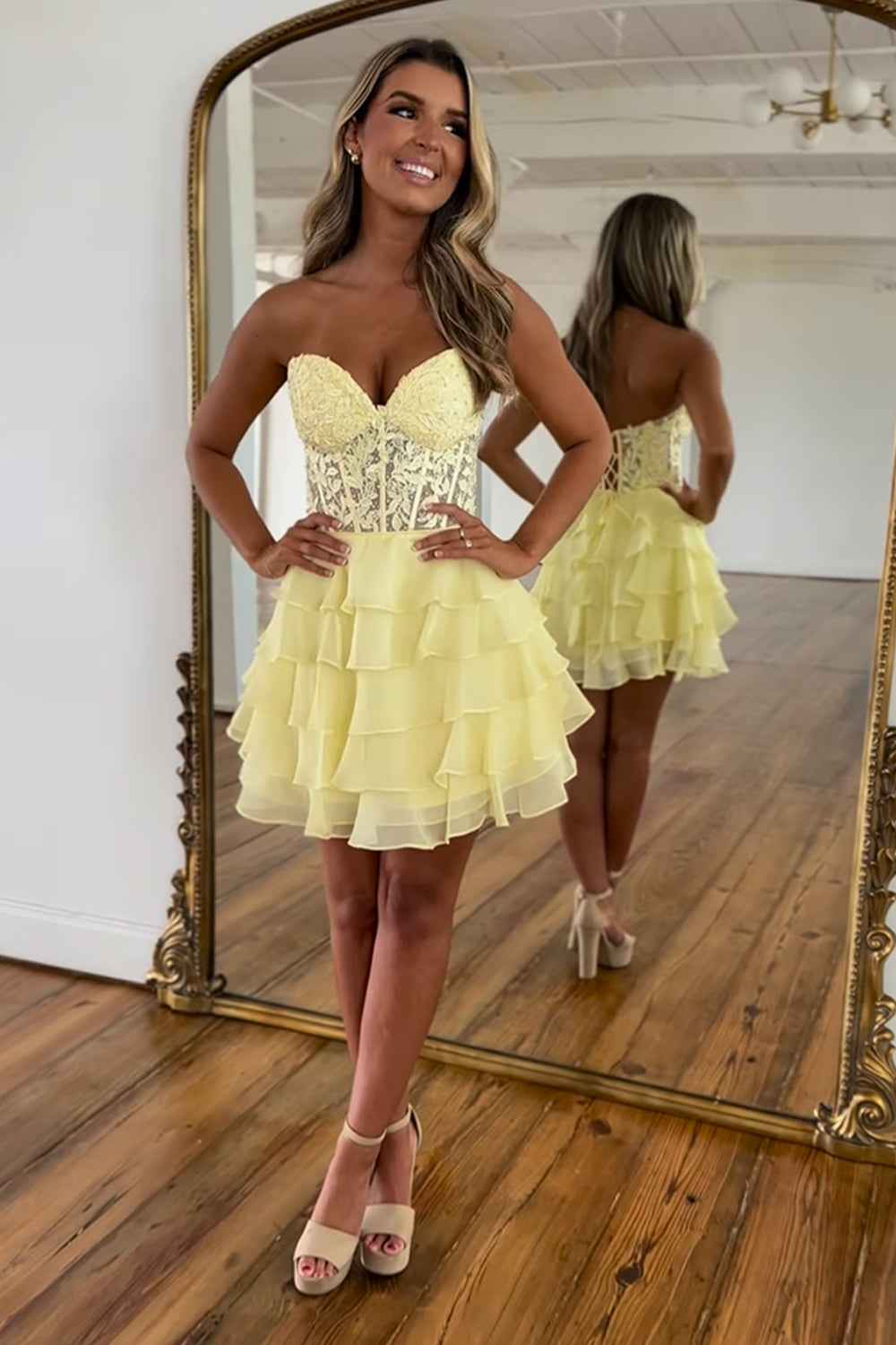 Sparkly Lilac Corset Beaded A Line Short Homecoming Dress with Ruffles Bmbride